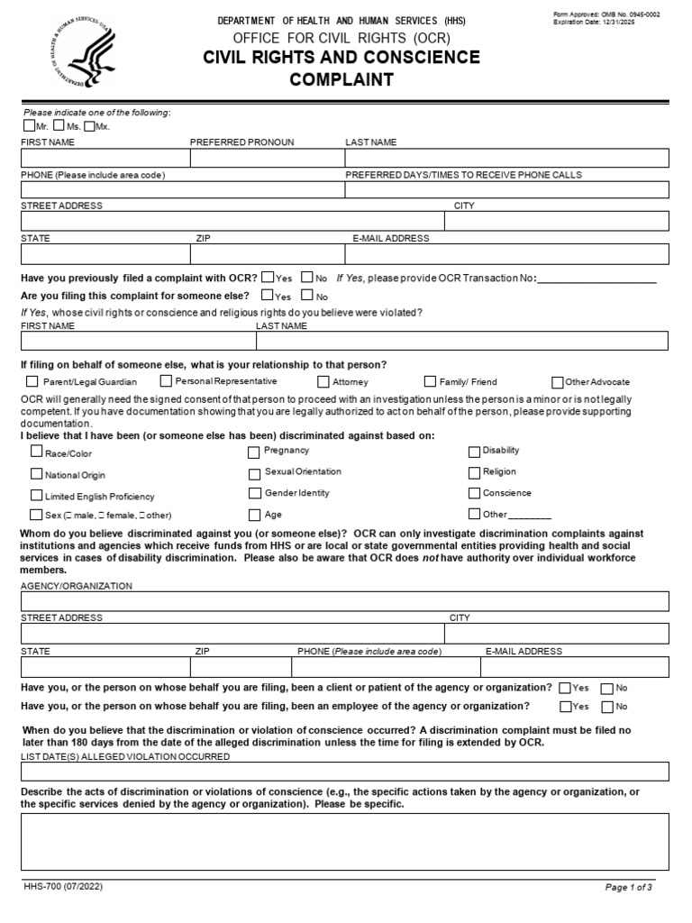 HHS Civil Rights Complaint Form | PDF | Freedom Of Information Act ...