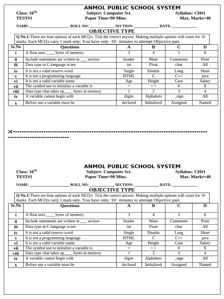 Class 10 Computer Science Test 1 Syllabus | PDF | C (Programming ...