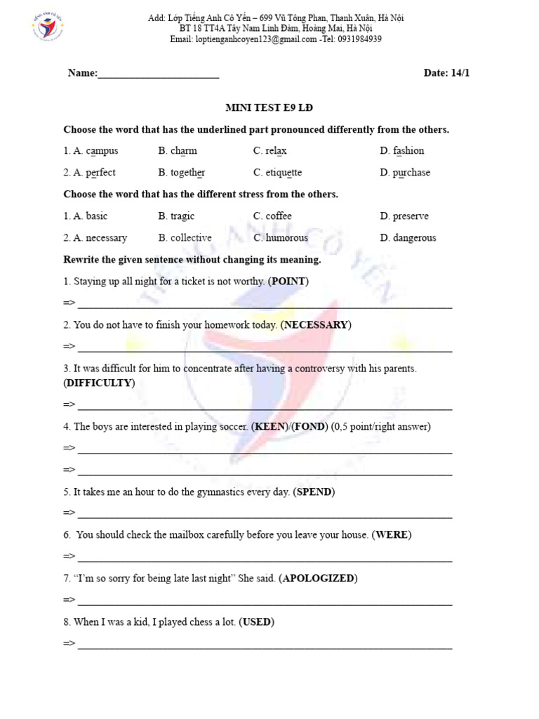 Mini Test E9 English Class | PDF | Chess | Chess Theory