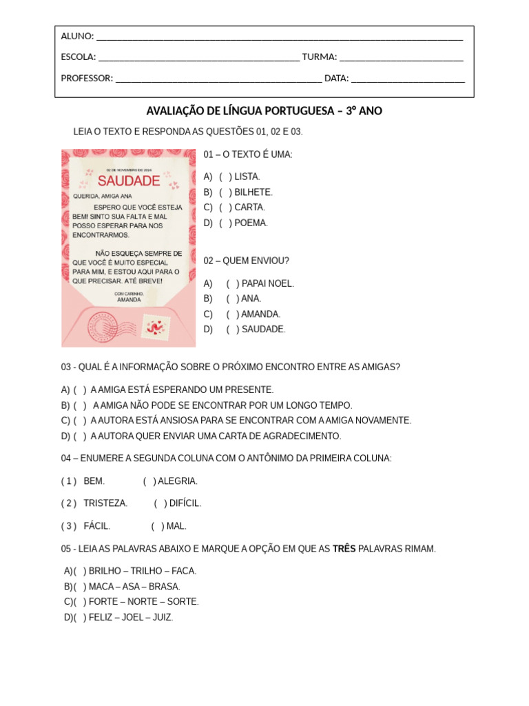Avaliação de Língua Portuguesa 3º Ano | PDF