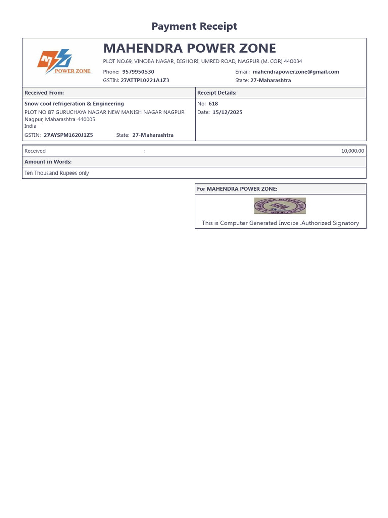 Mahindra Power Zone Payment Receipt | PDF