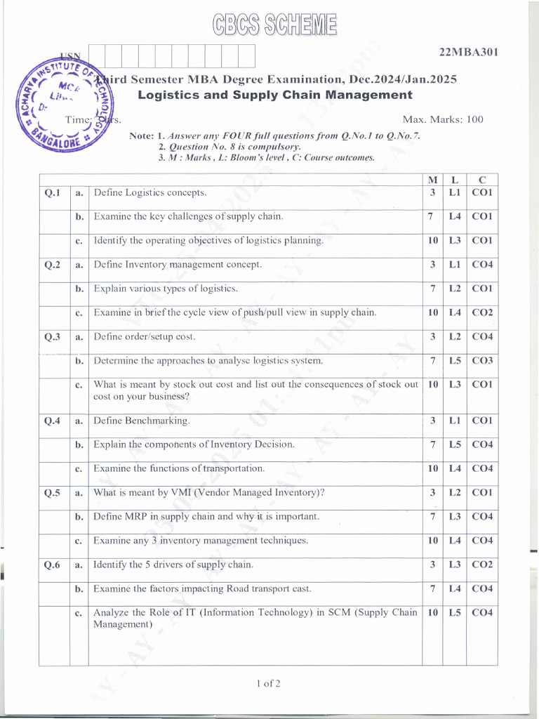 Logistics and Supply Chain Management Exam | PDF | Supply Chain ...