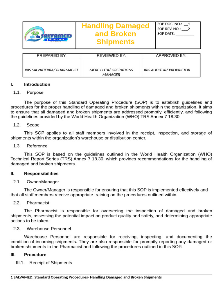 Handling Damaged Shipments SOP Guide | PDF | Regulatory Compliance | Safety