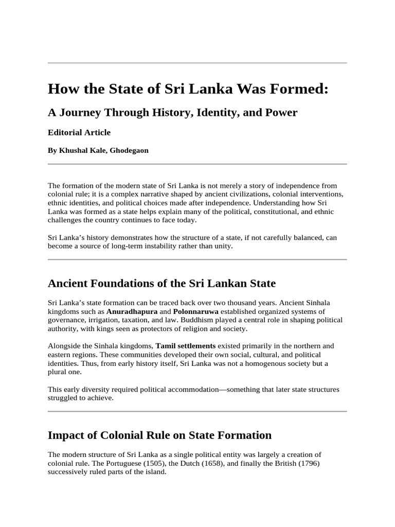 Sri Lanka's State Formation History PDF Sri Lanka Political Science