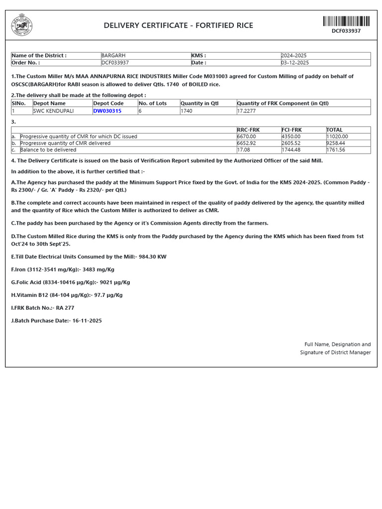 Bargarh Fortified Rice Delivery Certificate | PDF | Rice