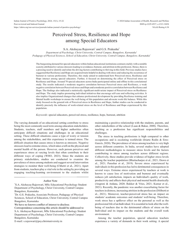 Stress, Resilience, and Hope in Special Educators | PDF | Psychological ...