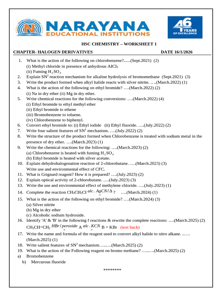 HSC Chemistry: Halogen Derivatives Worksheet | PDF | Ether | Chemistry