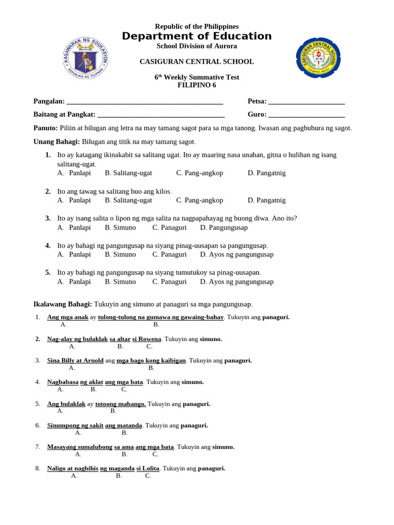 Filipino Summative Test | PDF
