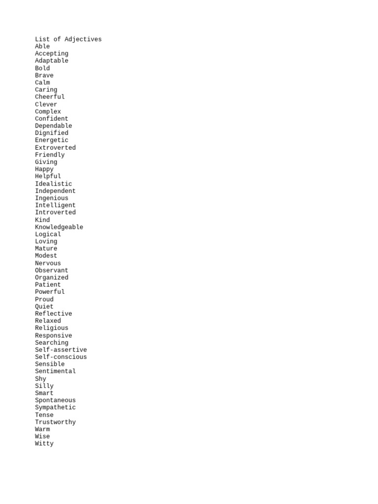 Comprehensive List of Adjectives | PDF