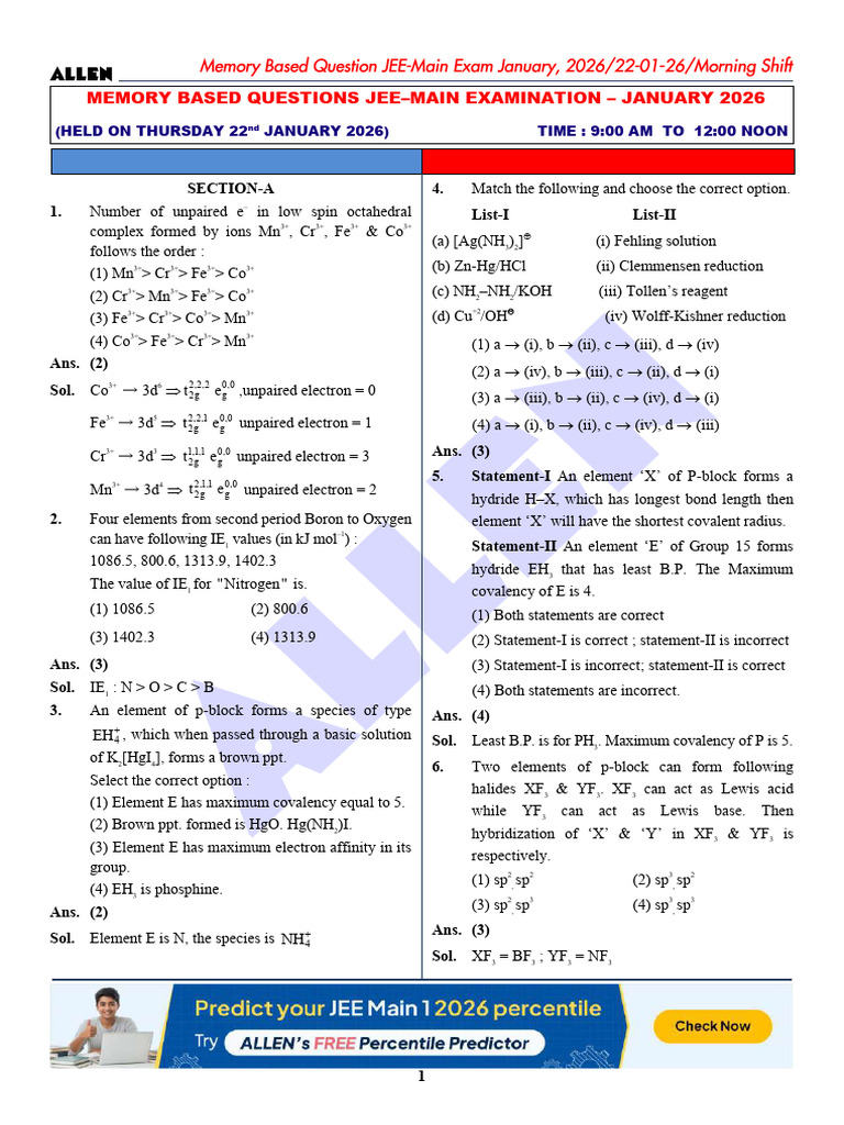 JEE Main 2026 Chemistry Memory Questions | PDF | Hydrolysis | Chlorine