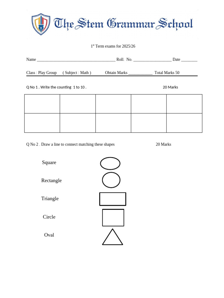 Math For Playgroup (1st Term 2025) | PDF