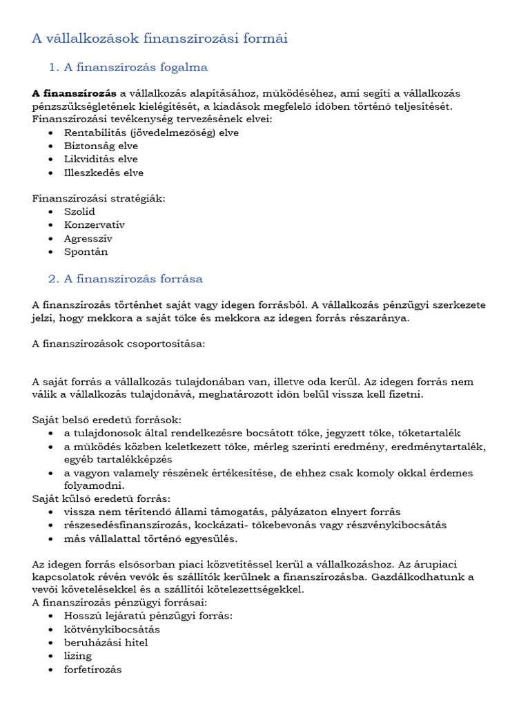 A Vállalkozások Finanszírozási Formái | PDF