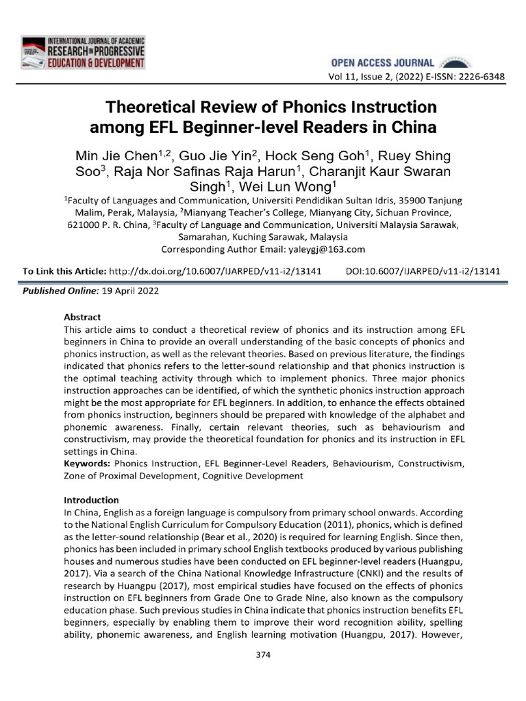 View of Theoretical Review of Phonics Instruction Among EFL Beginner ...