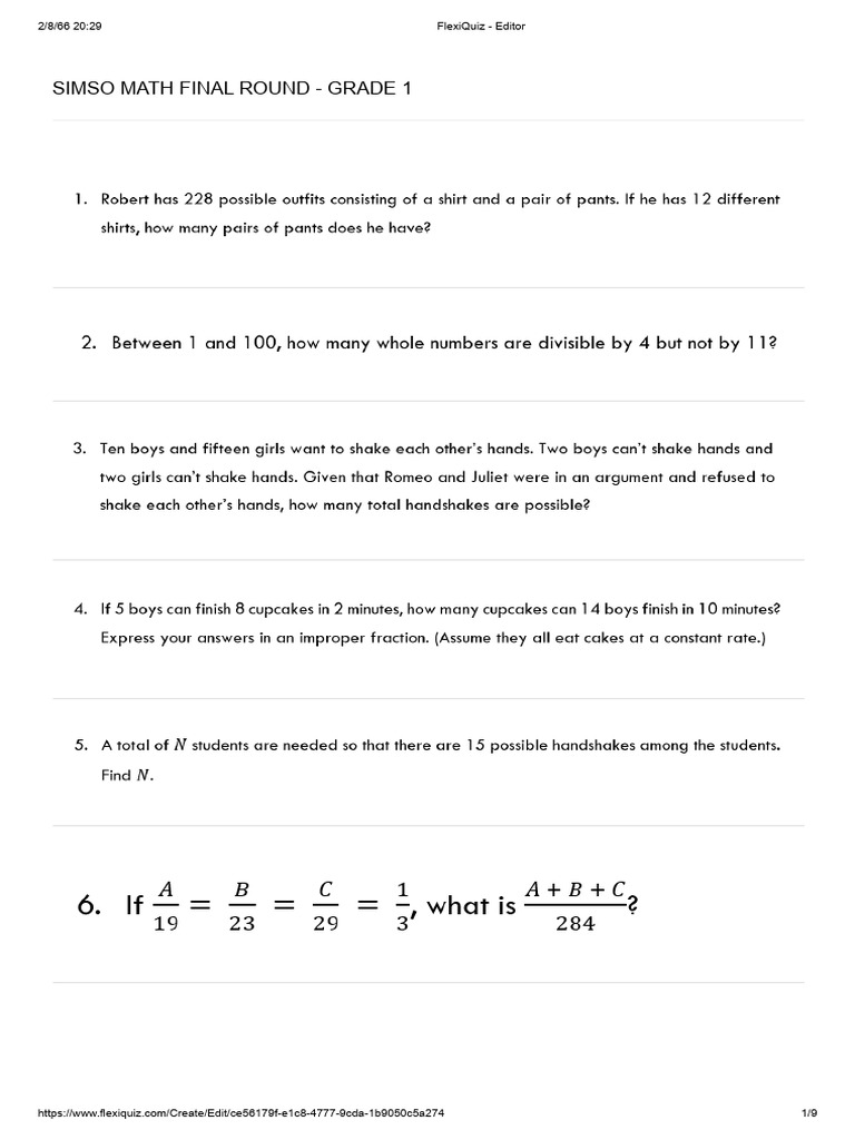 Grade 1 SIMSO Math Final Round | PDF