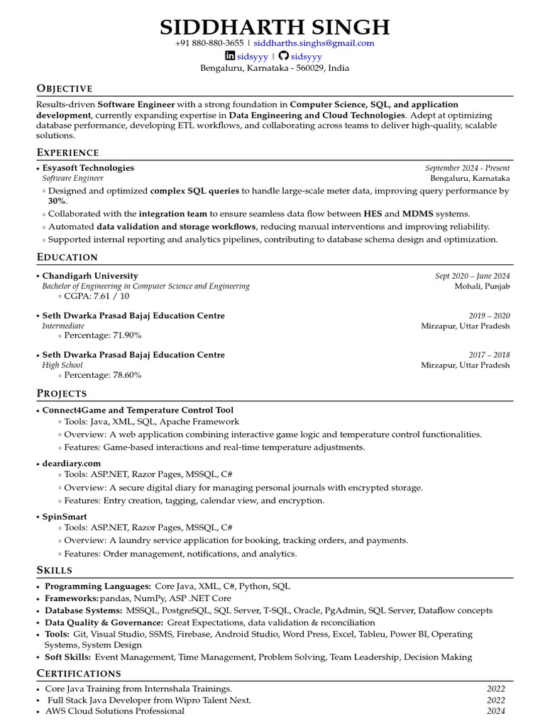 Software Engineer Resume - Siddharth Singh | PDF | Microsoft Sql Server ...
