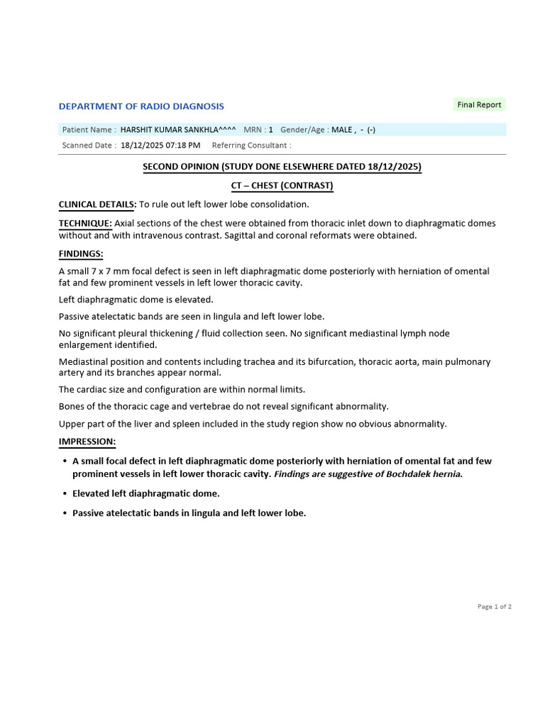 CT Chest Report: Bochdalek Hernia Findings | PDF