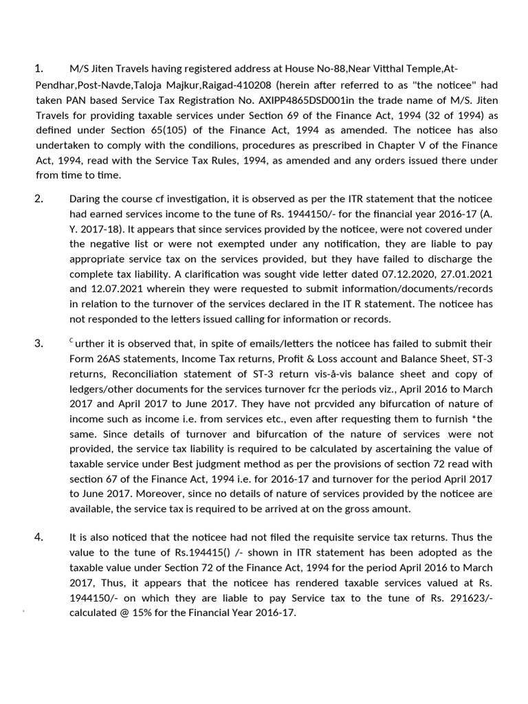 Service Tax Liability Assessment for Jiten Travels | PDF | Taxes | Revenue