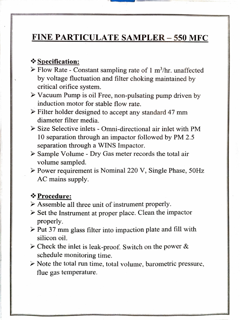 Fine Particulate Sampler 550 MFC Specs | PDF