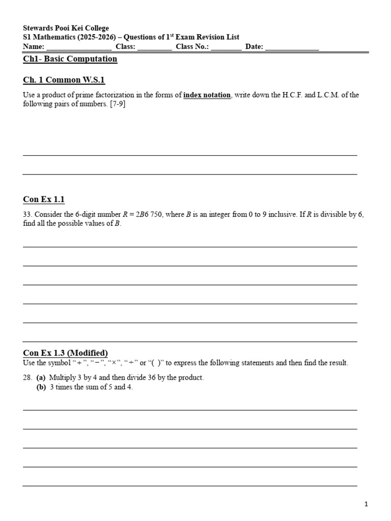 S1 Math Exam Revision Questions 2025-2026 | PDF | Numbers | Multiplication