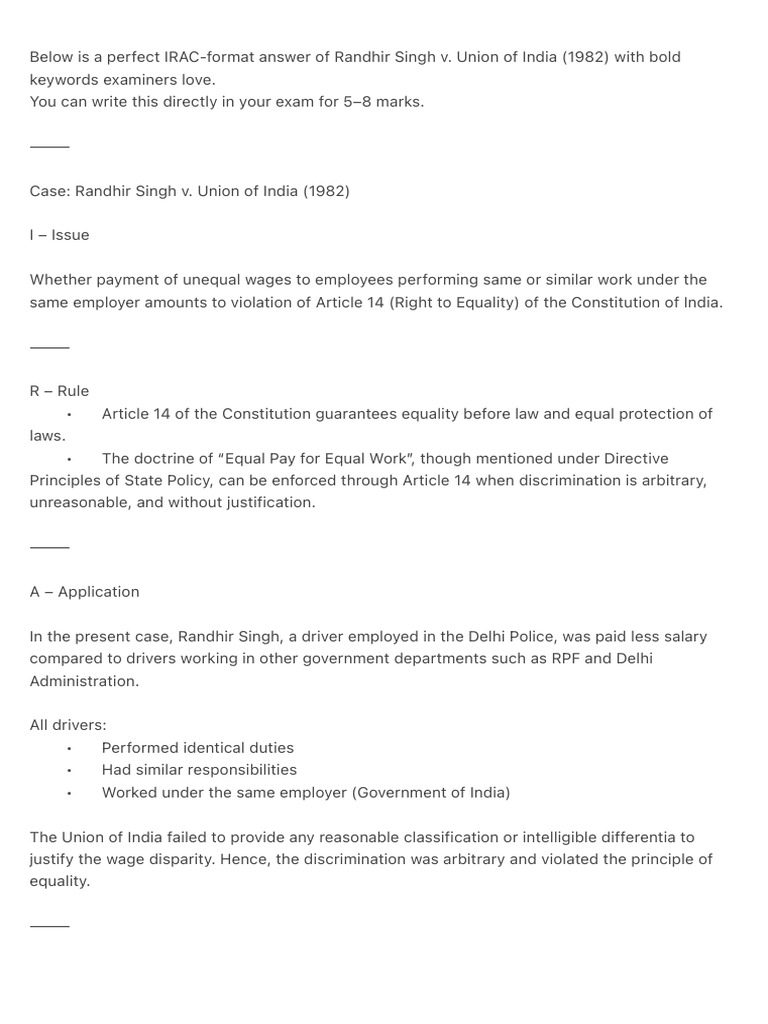 Below Is A Perfect IRAC-Format Answer of Randhir Singh v. Union of ...