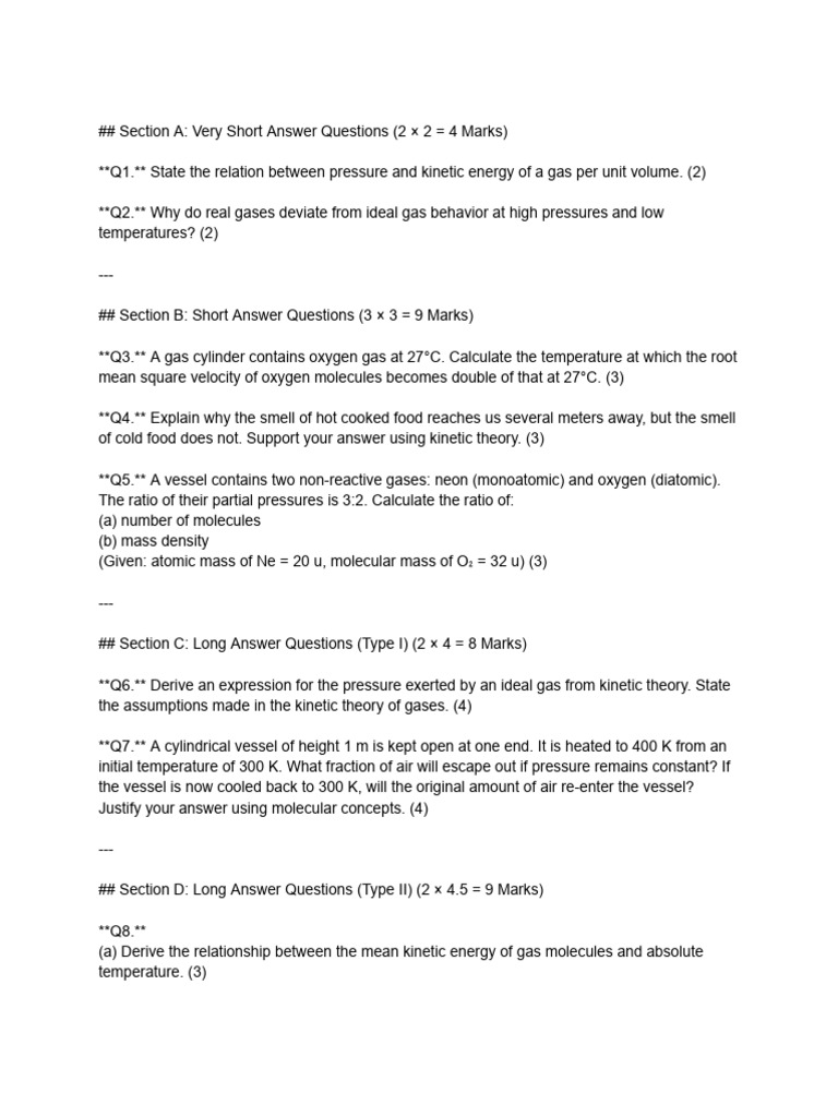 Kinetic Theory of Gases Questions and Answers | PDF