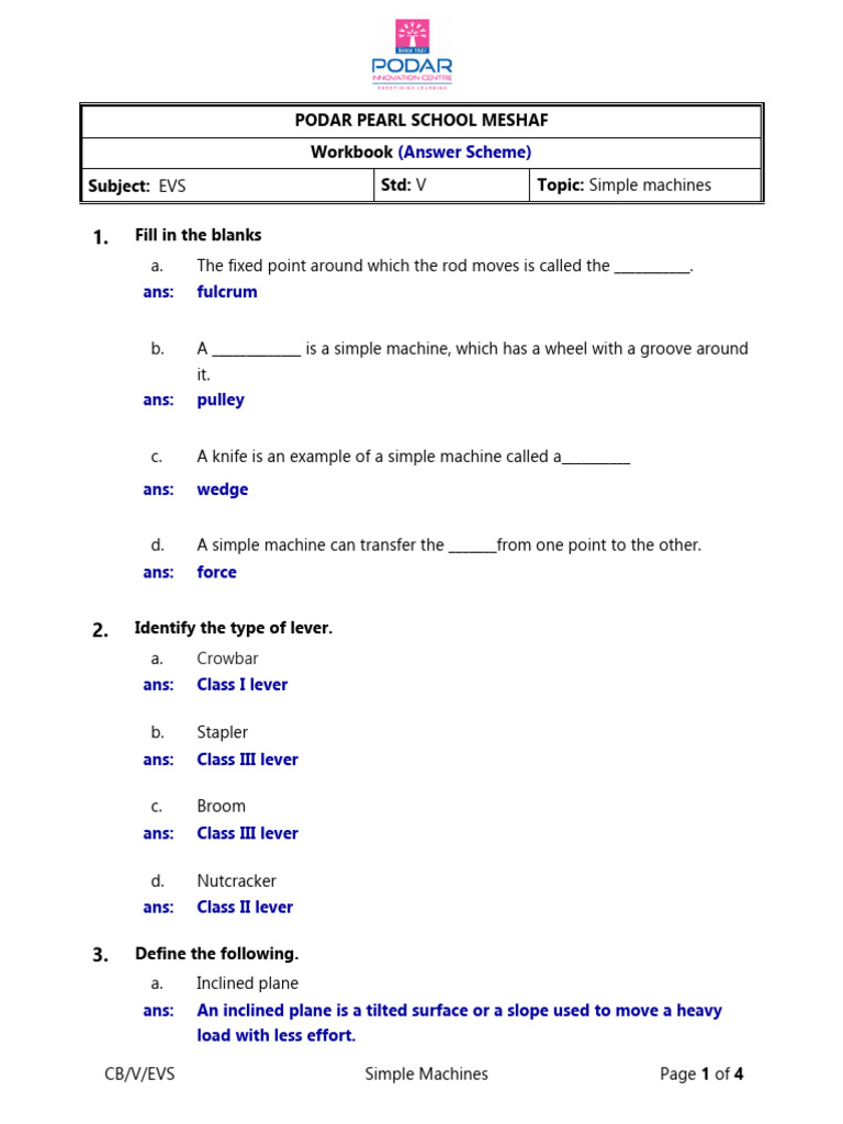 Simple Machines Workbook for EVS Std V | PDF | Lever | Machines