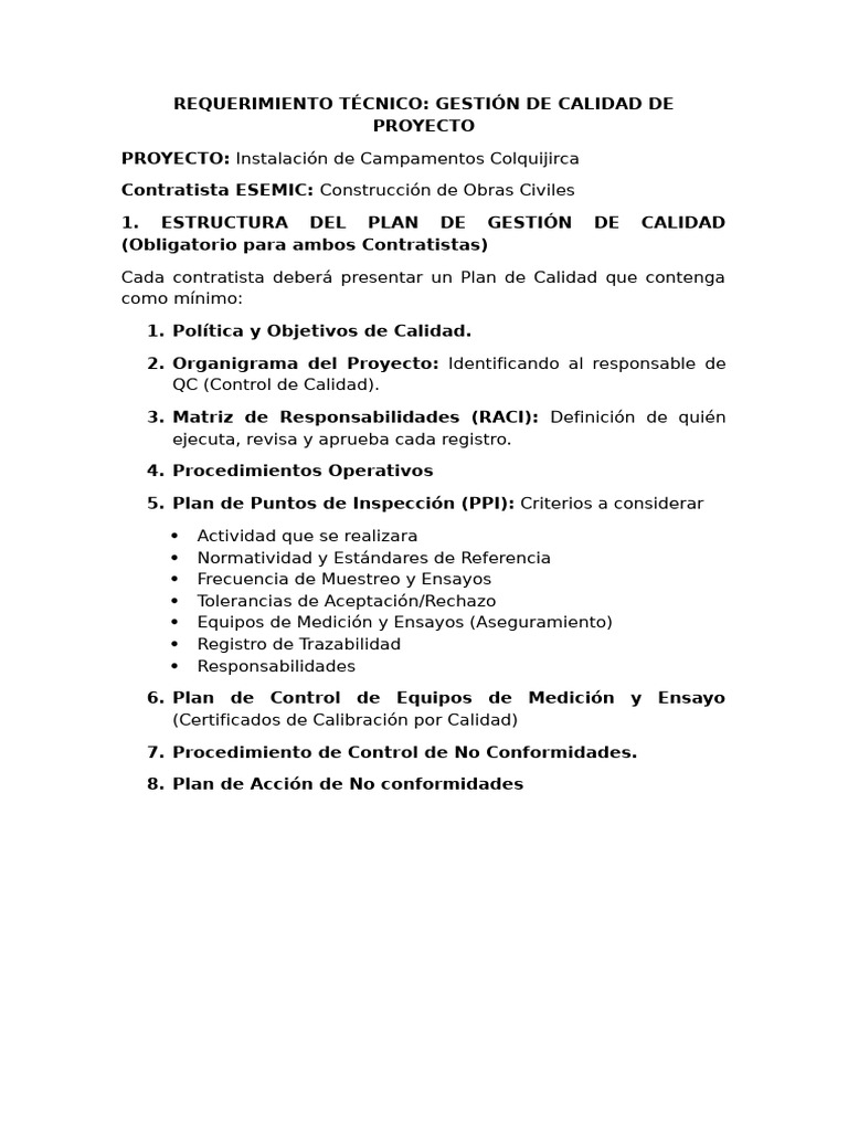 Plan de Gestión de Calidad en Proyectos | PDF | Hormigón | Sistema de ...