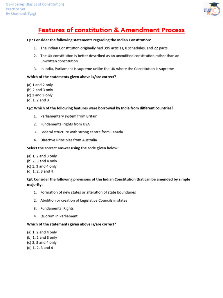 Practice Set 3 Features of Constitution & Amendmen 260124 223738 | PDF ...