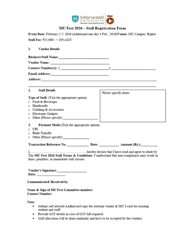 MU Fest 2026 Stall Registration Form | PDF
