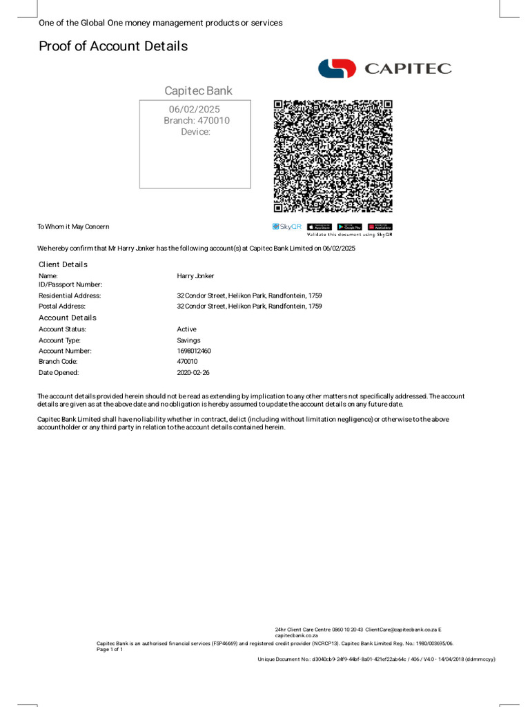 Capitec Bank Account Confirmation Letter | PDF