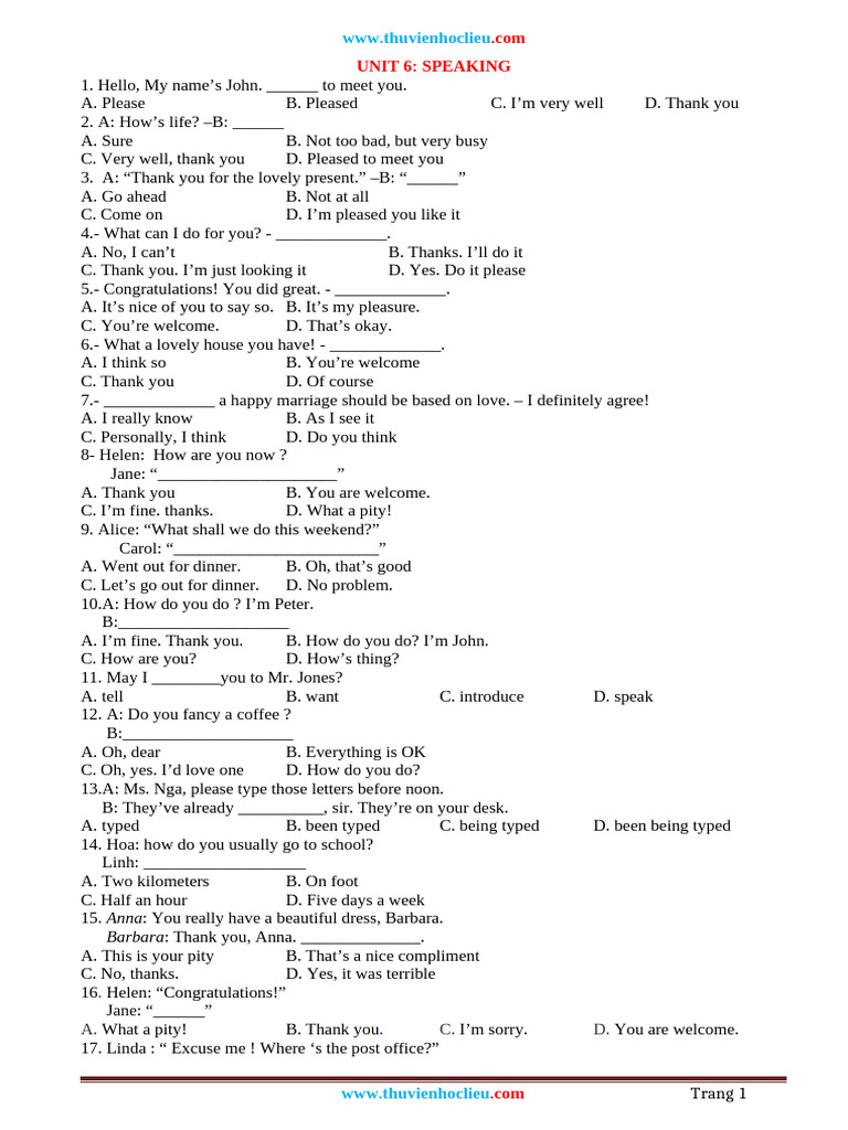 Unit 6 Speaking Practice Exercises | PDF