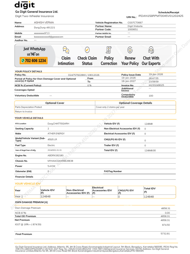 Go Digit Two-Wheeler Insurance Receipt | PDF | Insurance | Business Law