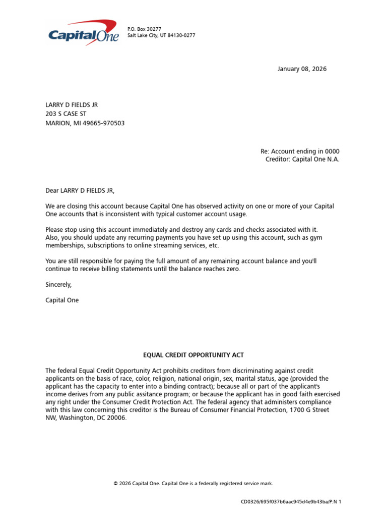 Account Closure Notice from Capital One | PDF