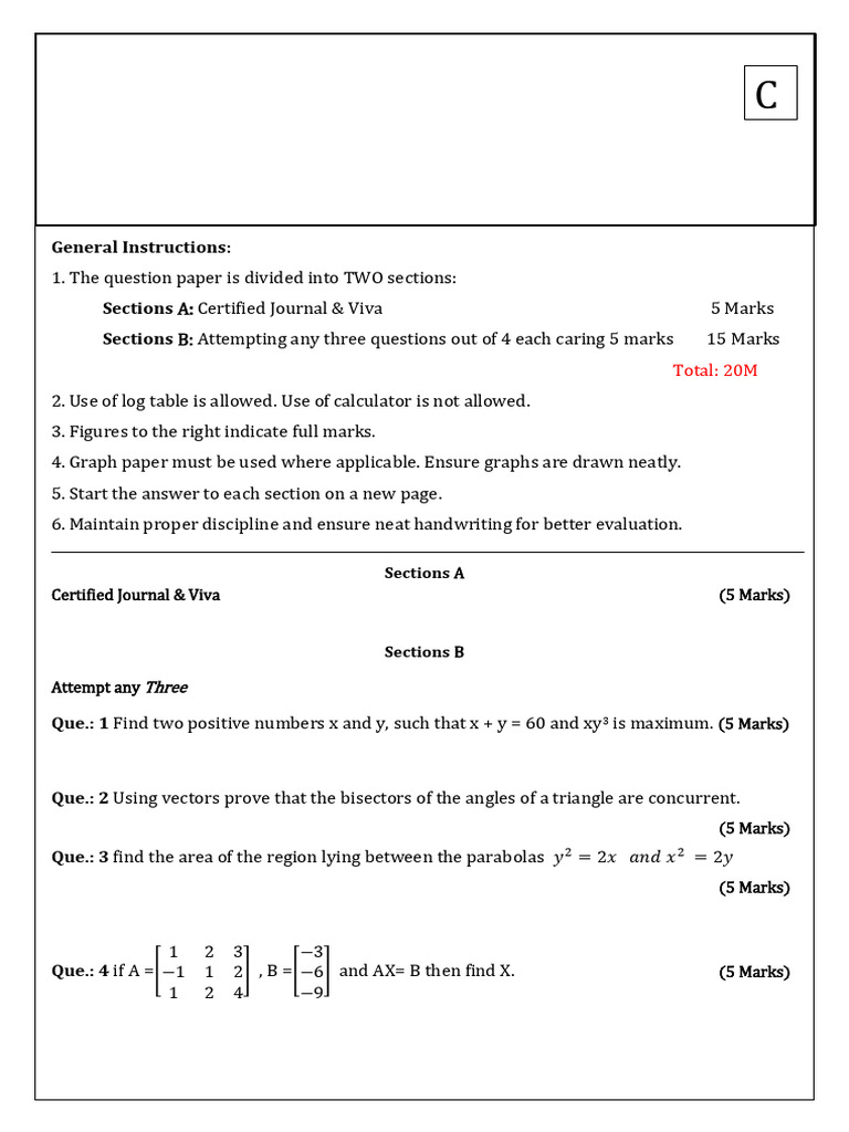 HSC Mathematics Exam Question Paper | PDF