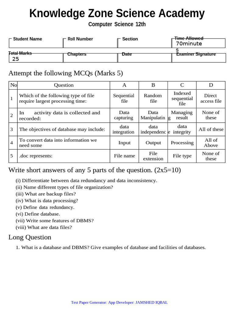 Computer Science MCQ Test Paper | PDF | Databases | Applied Mathematics