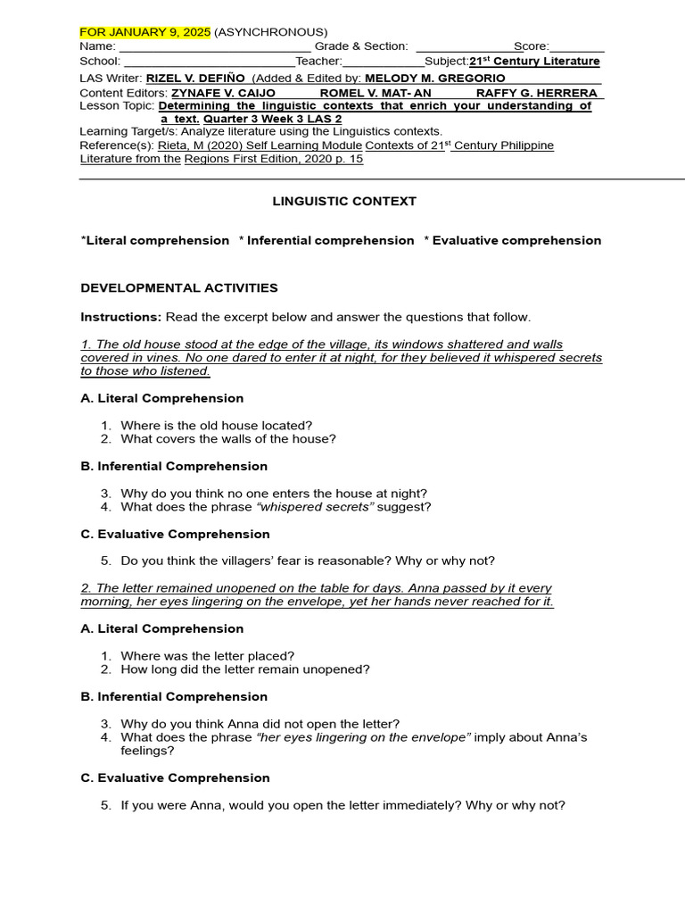 Analyzing Linguistic Contexts in Literature | PDF