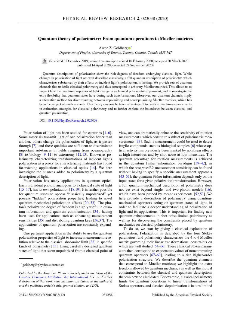 Quantum Polarimetry and Mueller Matrices | PDF | Polarization (Waves ...