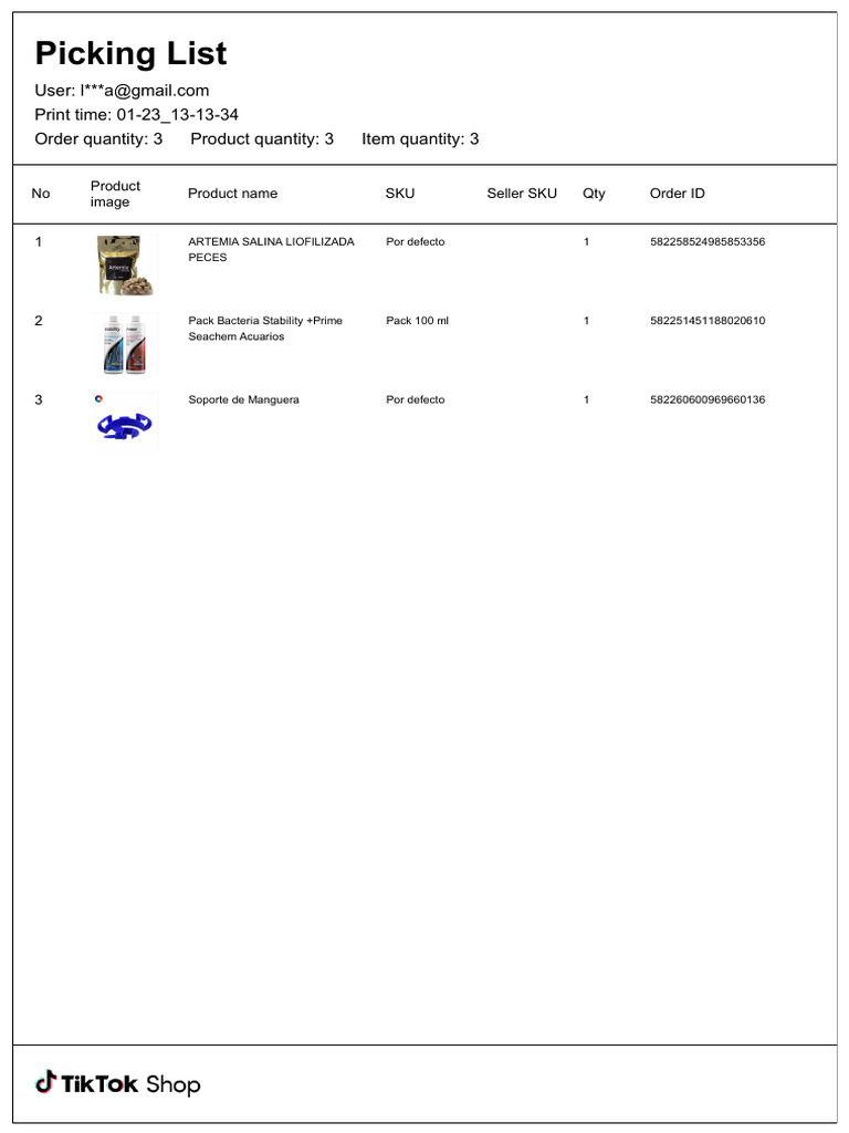 Order Picking List for Aquatic Products | PDF