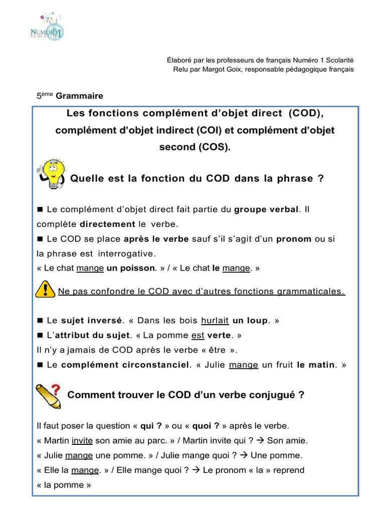 Fonctions COD, COI et COS en Grammaire | PDF | Complément d'objet ...