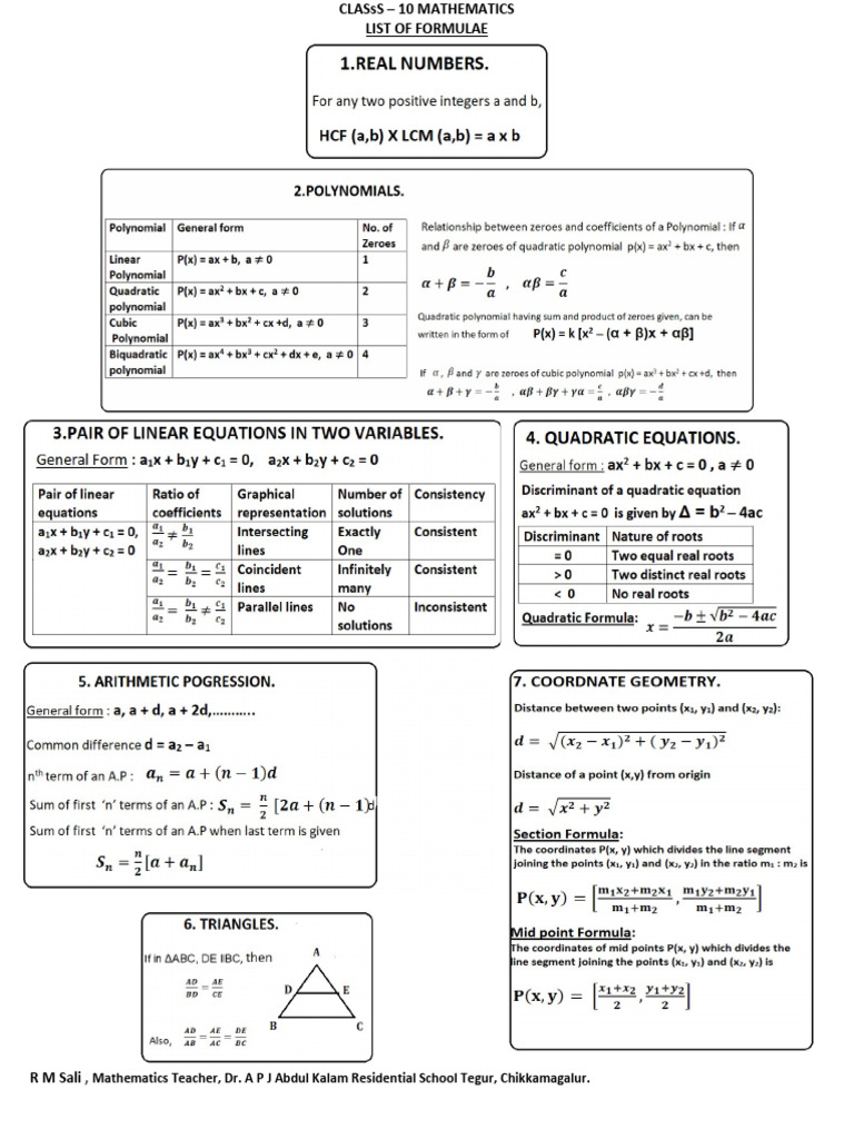 Class 10 Mathematics Formula List | PDF