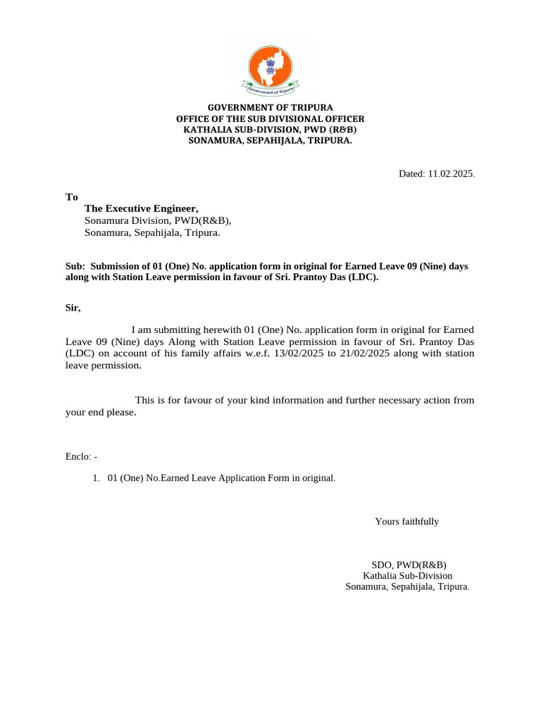 Earned Leave Application for Prantoy Das | PDF