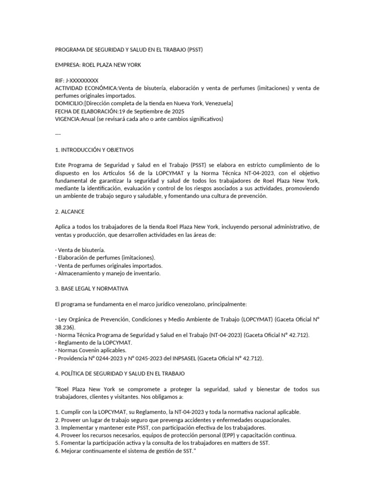 Programa de Seguridad y Salud Laboral | PDF | Seguridad y salud ocupacional