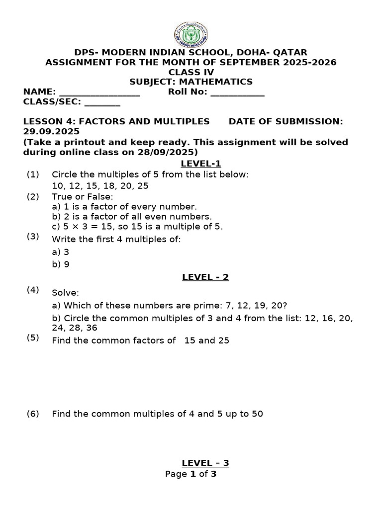Class IV Mathematics Assignment: Factors & Multiples | PDF ...