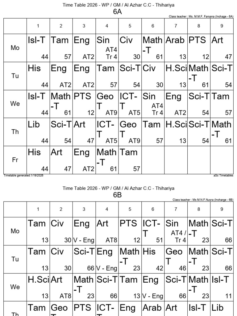 2026 Class Timetables for Al Azhar C.C | PDF