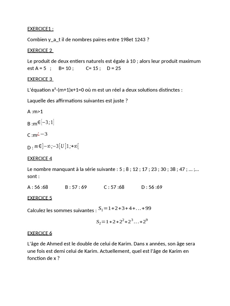 Exercices de mathématiques variés | PDF