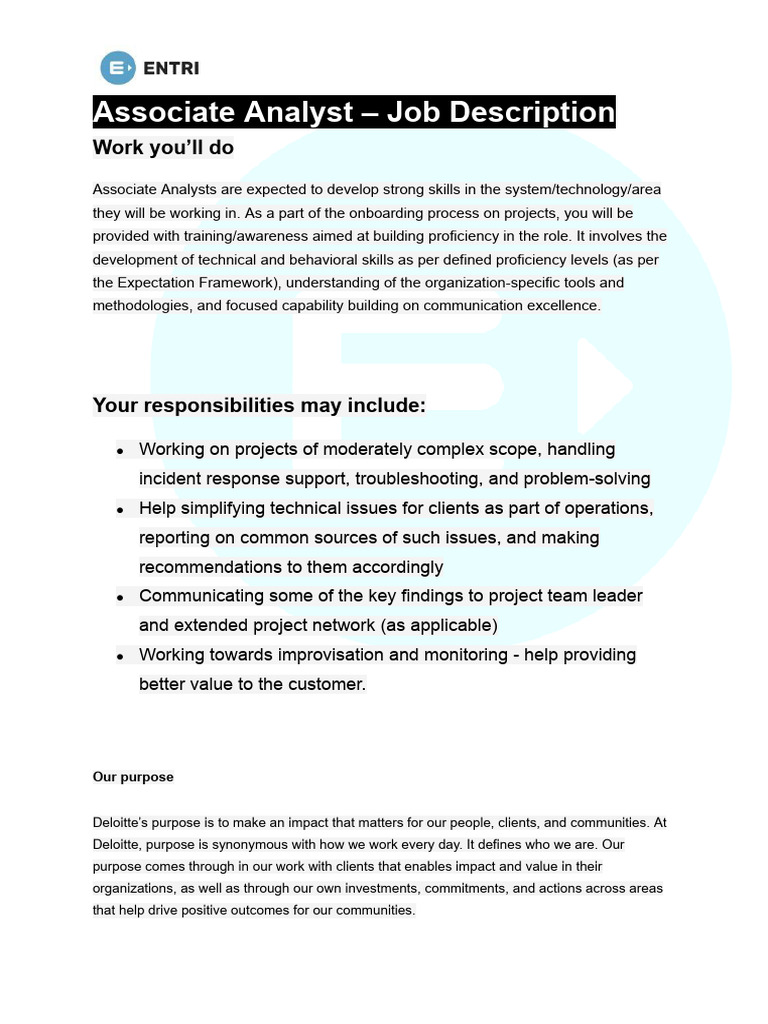 Associate Analyst Job Description at Deloitte | PDF | Business | Social ...