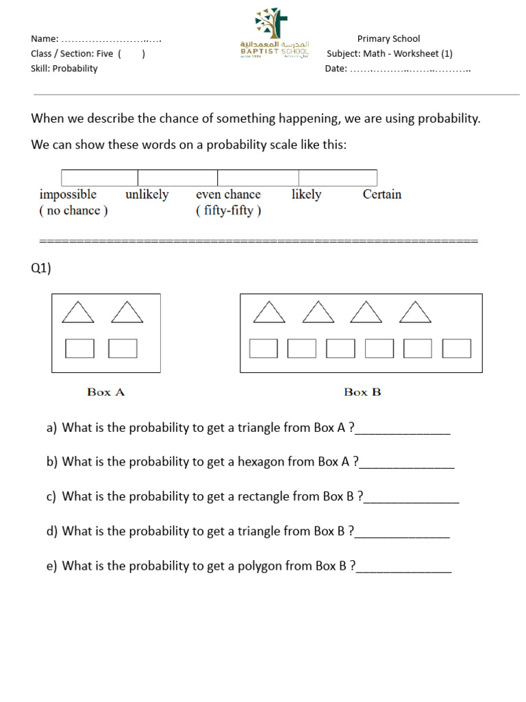 Probability Worksheet for Grade Five | PDF | Mathematics | Elementary ...