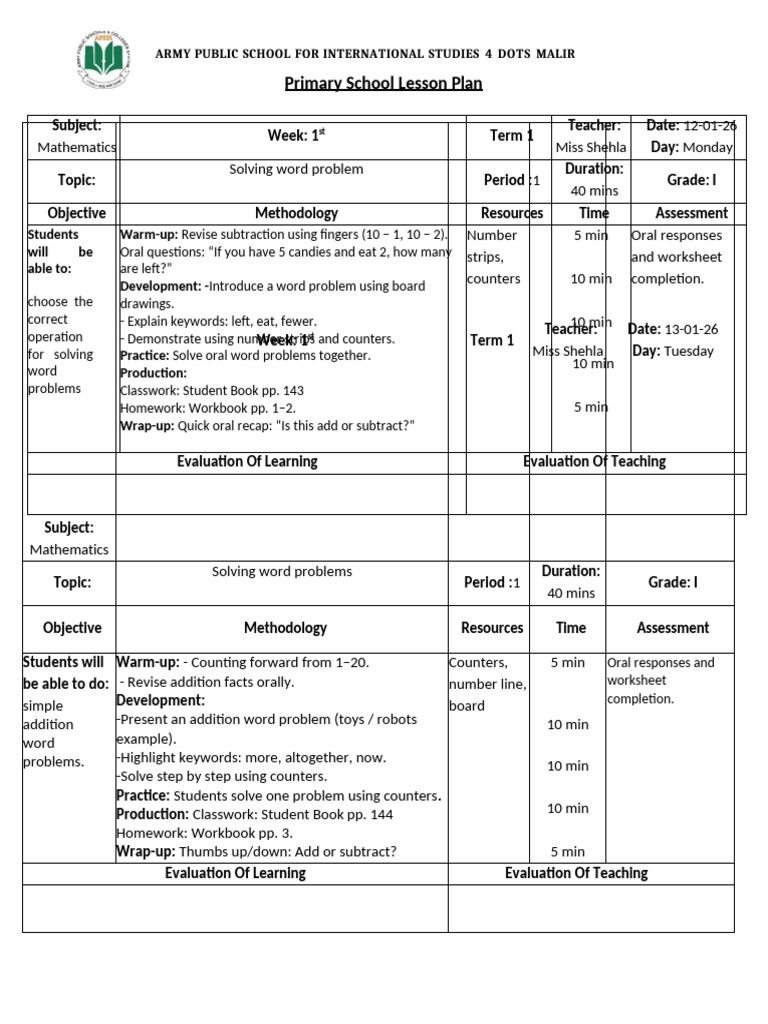 Grade 1 Math Lesson Plans: Word Problems | PDF | Lesson Plan | Subtraction
