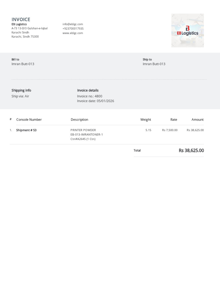 Invoice for Printer Powder Shipment | PDF
