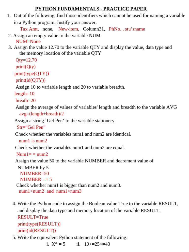 Python Fundamentals Practice Paper | PDF | Data Type | Variable ...